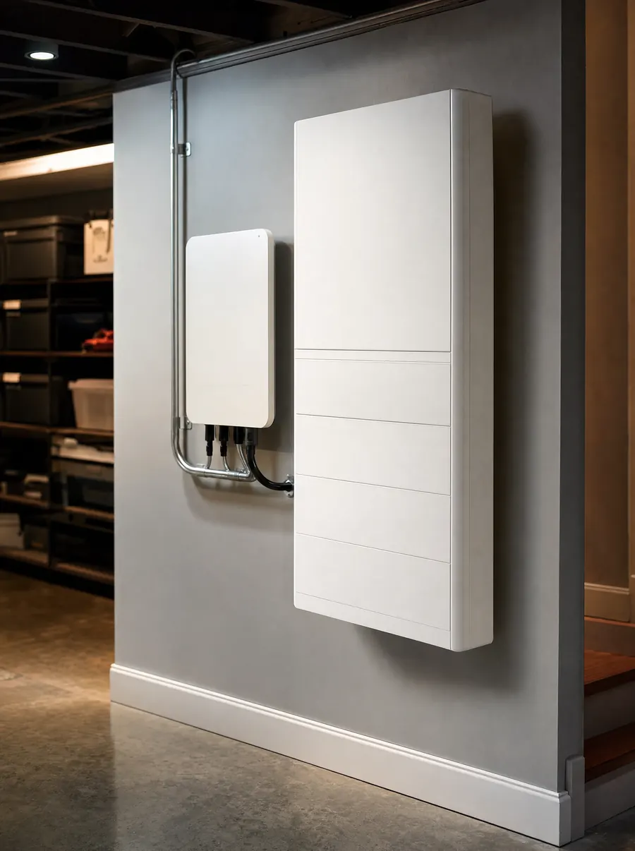 A matte white home battery and inverter mounted on a grey basement wall in warm low light