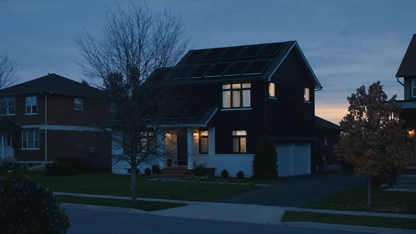 A two-storey Burlington home at dusk with warm lit windows and solar panels on the roof